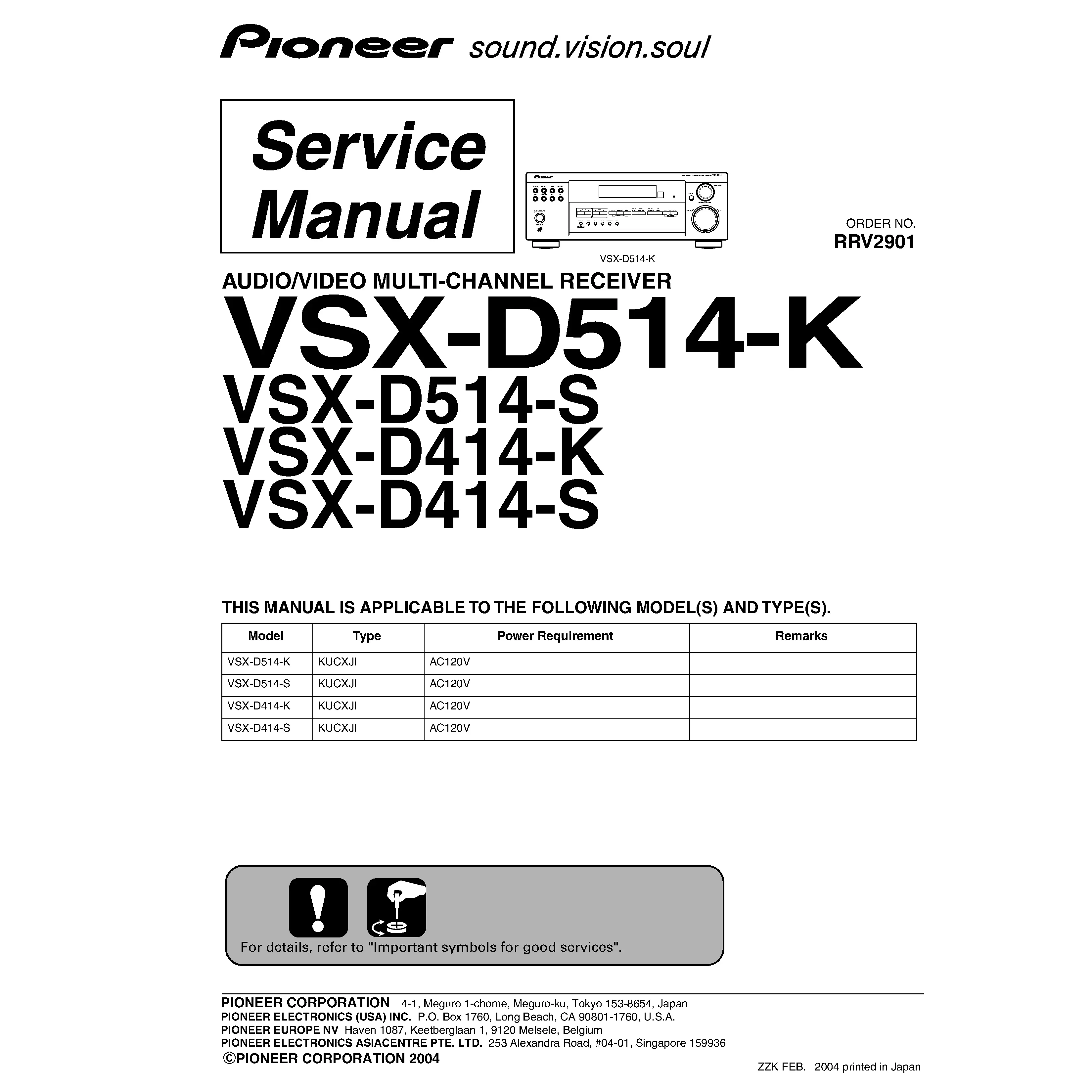 Pioneer vsx d514 d414 series service manual cover with line draw image of the receiver, model type and number, manual issue date and document number