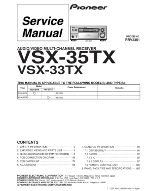 Pioneer vsx d709s service manual cover with line draw image of the receiver, model type and number, manual issue date and document number