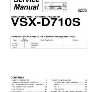 Pioneer vsx d710s service manual cover with line draw image of the receiver, model type and number, manual issue date and document number