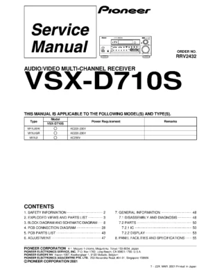 Pioneer vsx d710s service manual cover with line draw image of the receiver, model type and number, manual issue date and document number