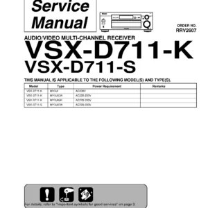 Pioneer vsx d711 series service manual cover with line draw image of the receiver, model type and number, manual issue date and document number