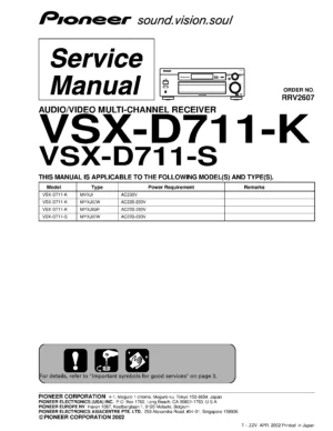 Pioneer vsx d711 series service manual cover with line draw image of the receiver, model type and number, manual issue date and document number