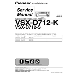 Pioneer vsx d712 service manual cover with line draw image of the receiver, model type and number, manual issue date and document number