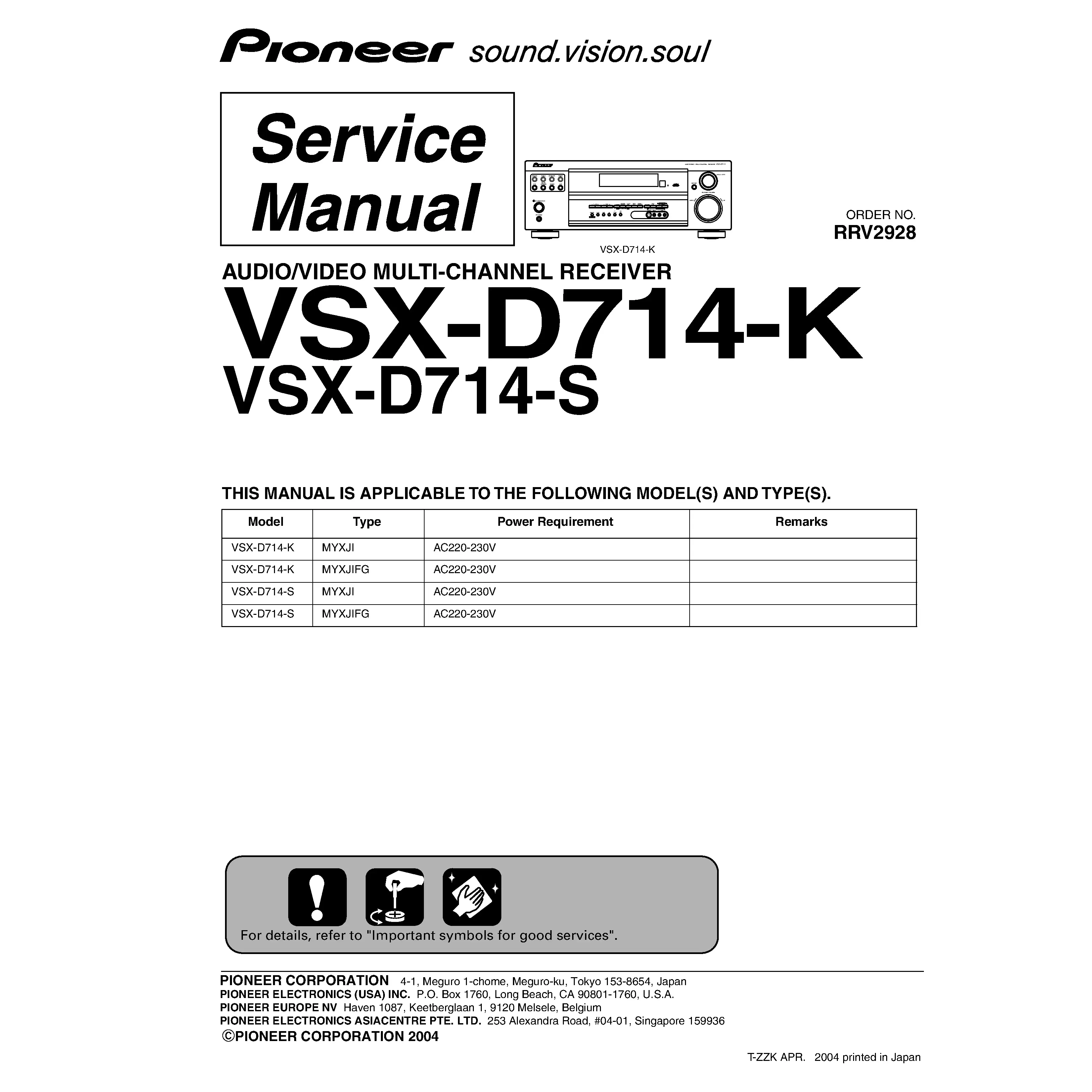 Pioneer vsx d714 series service manual cover with line draw image of the receiver, model type and number, manual issue date and document number
