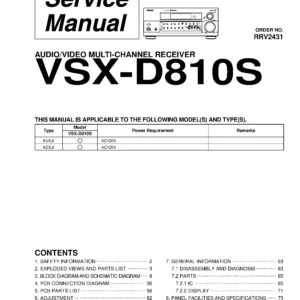 Pioneer vsx d810s service manual cover with line draw image of the receiver, model type and number, manual issue date and document number