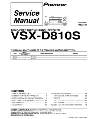Pioneer vsx d810s service manual cover with line draw image of the receiver, model type and number, manual issue date and document number