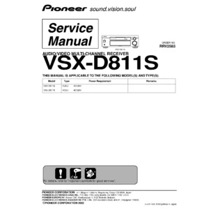 Pioneer vsx d811s service manual cover with line draw image of the receiver, model type and number, manual issue date and document number