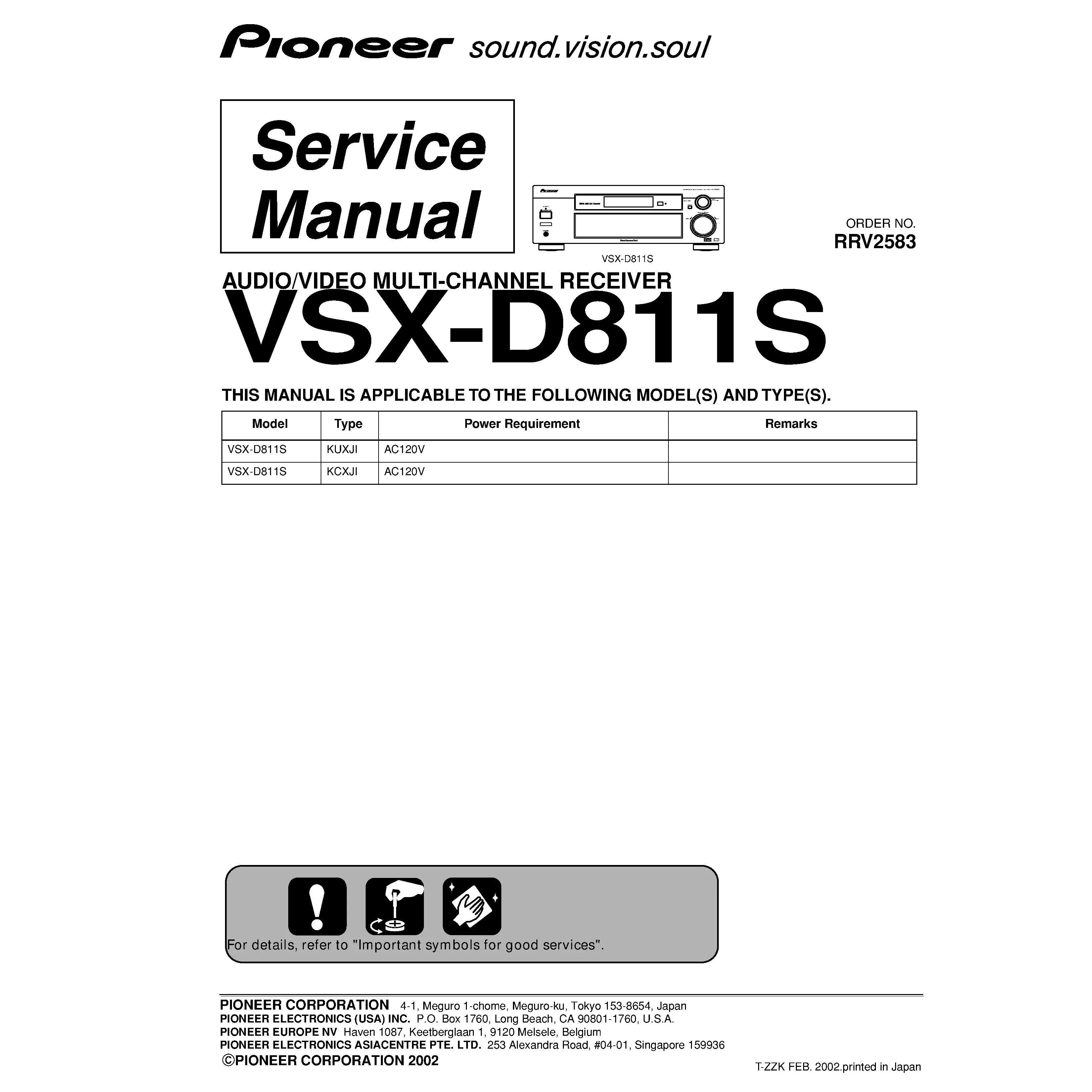 Pioneer vsx d811s service manual cover with line draw image of the receiver, model type and number, manual issue date and document number