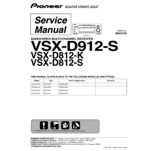 Pioneer vsx d912 d812 series service manual cover with line draw image of the receiver, model type and number, manual issue date and document number