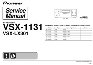 Pioneer vsx lx301 1131 service manual cover with line draw image of the receiver, model type and number, manual issue date and document number
