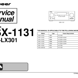 Pioneer vsx lx301 1131 service manual cover with line draw image of the receiver, model type and number, manual issue date and document number