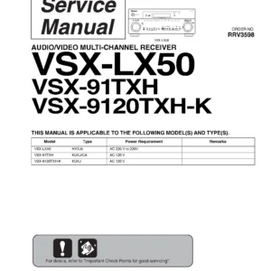 Pioneer vsx lx50 service manual cover with line draw image of the receiver, model type and number, manual issue date and document number