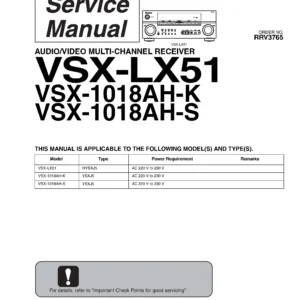 Pioneer vsx lx51 service manual cover with line draw image of the receiver, model type and number, manual issue date and document number