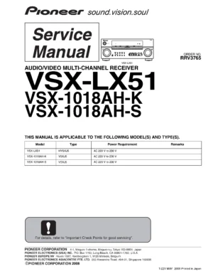 Pioneer vsx lx51 service manual cover with line draw image of the receiver, model type and number, manual issue date and document number
