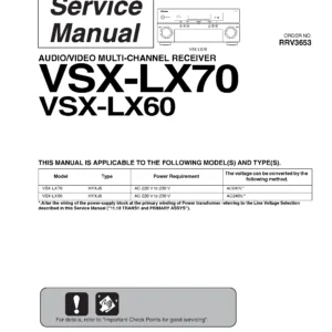 Pioneer vsx lx60 lx70 service manual cover with line draw image of the receiver, model type and number, manual issue date and document number