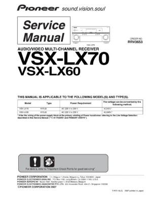 Pioneer vsx lx60 lx70 service manual cover with line draw image of the receiver, model type and number, manual issue date and document number
