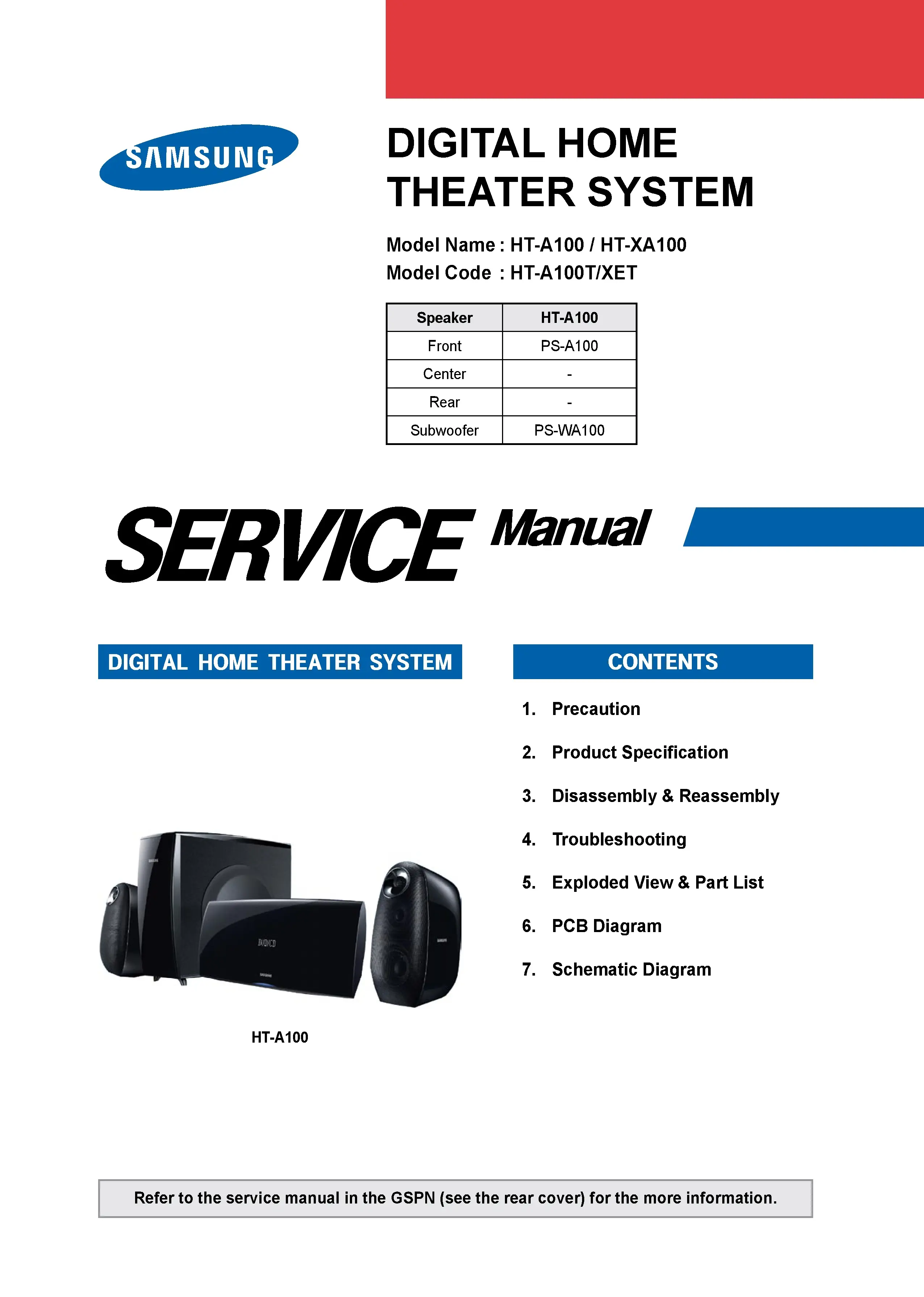 Samsung ht a100 ht a100t service manual cover