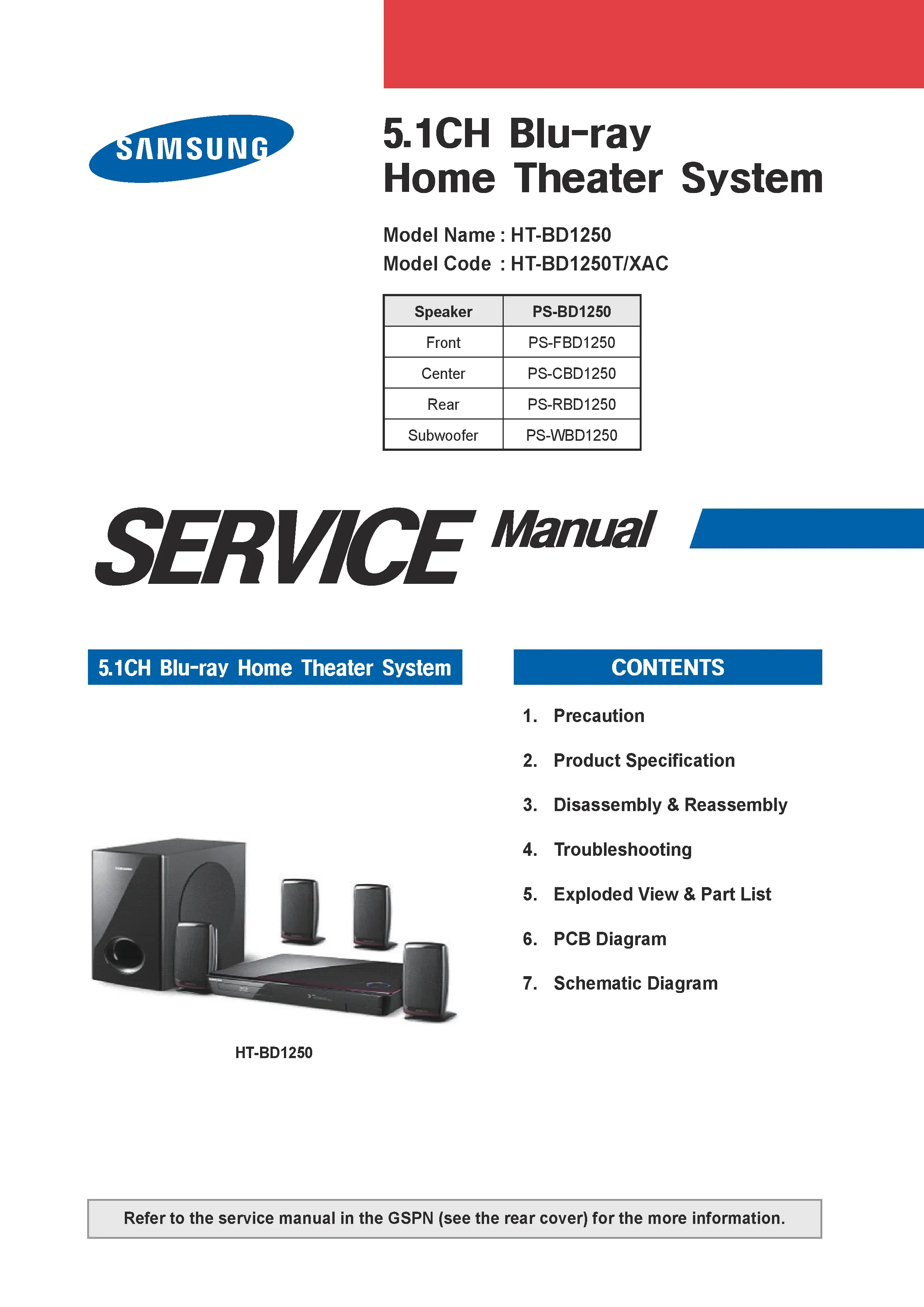 Samsung ht bd1250 bd1250t service manual cover