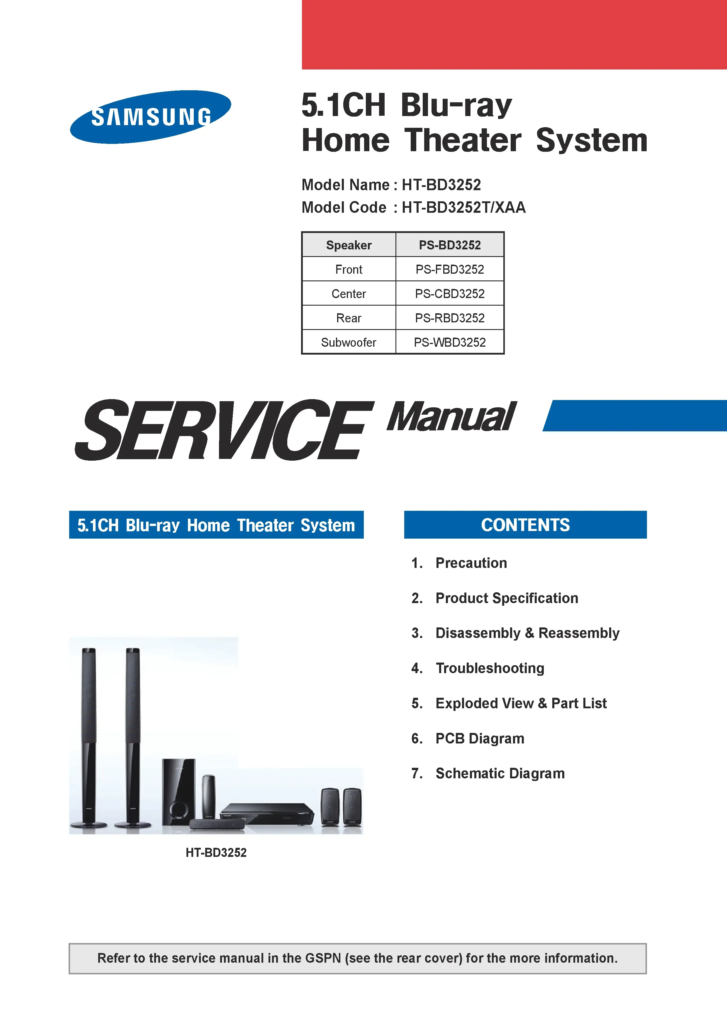 Samsung ht bd3252 bd3252t service manual cover