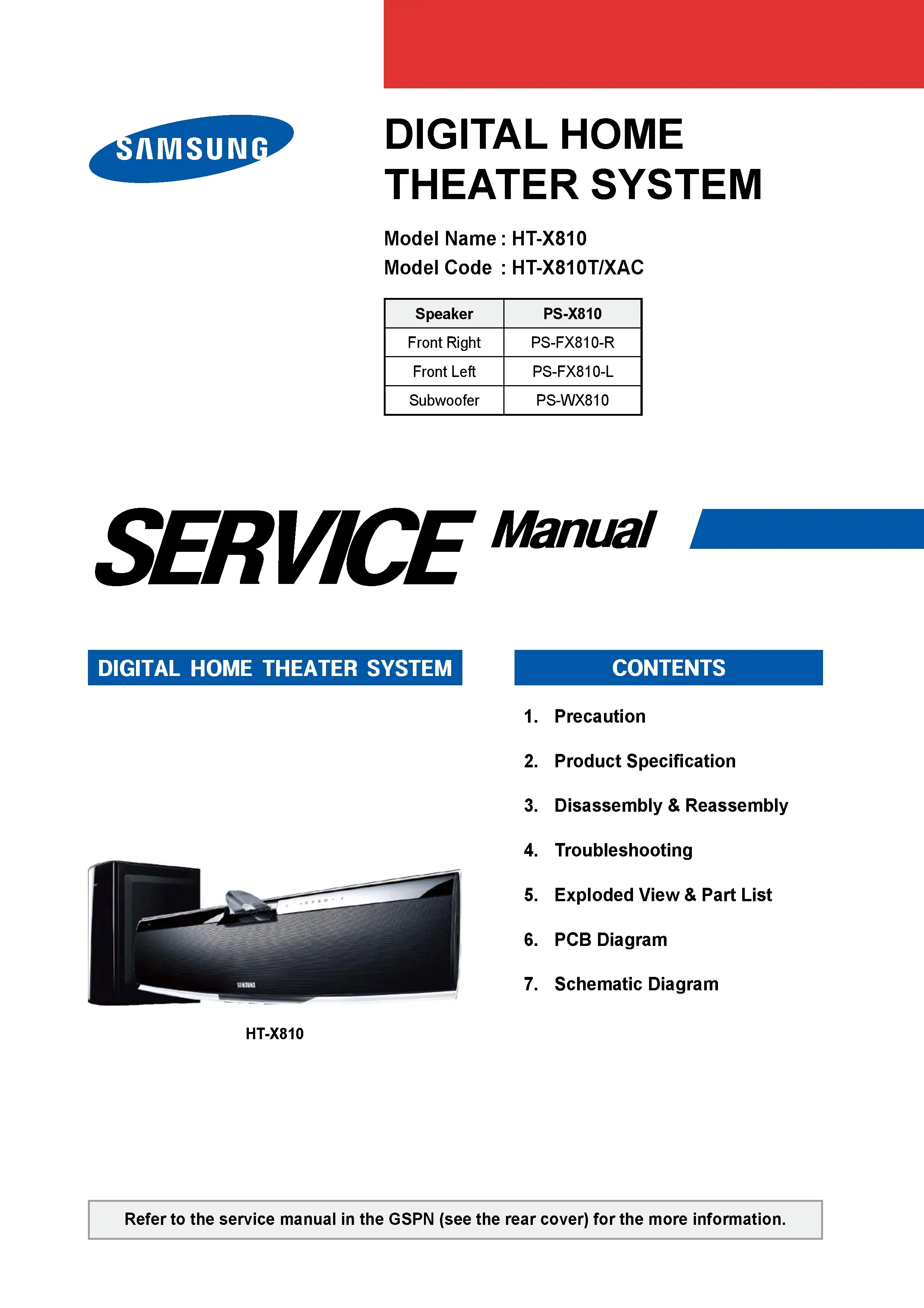 Samsung ht x810 x810t service manual cover