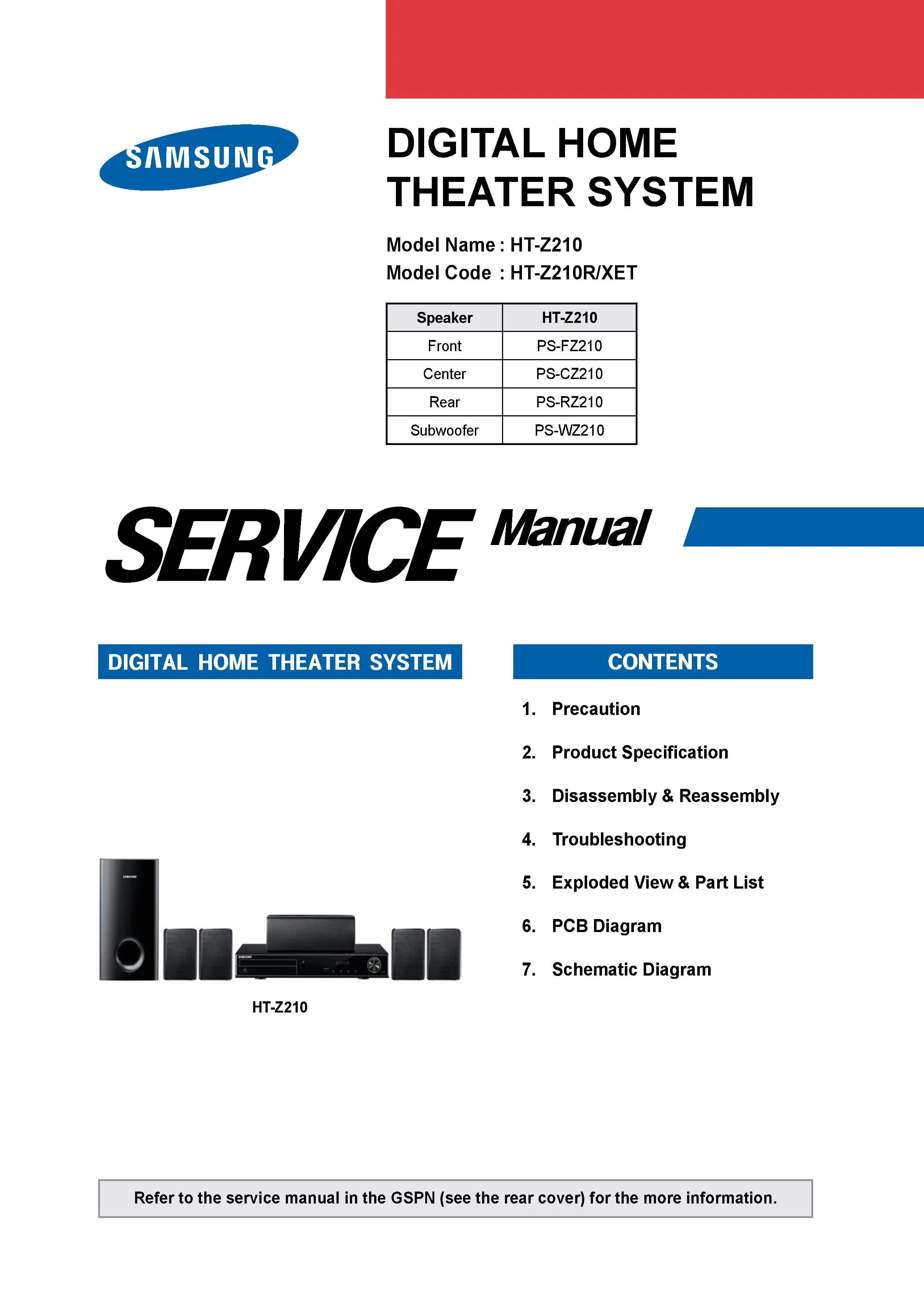 Samsung ht z210 ht z210r service manual cover