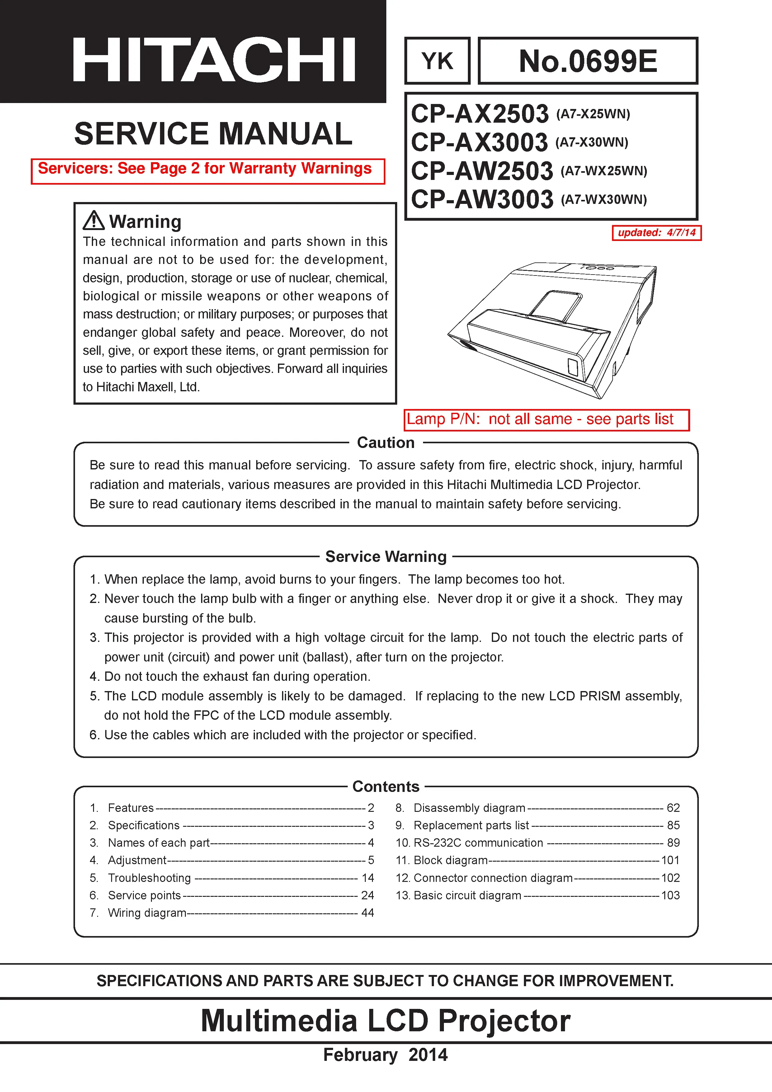 Hitachi cp aw2503 aw3003 ax2503 ax3003 service manual cover
