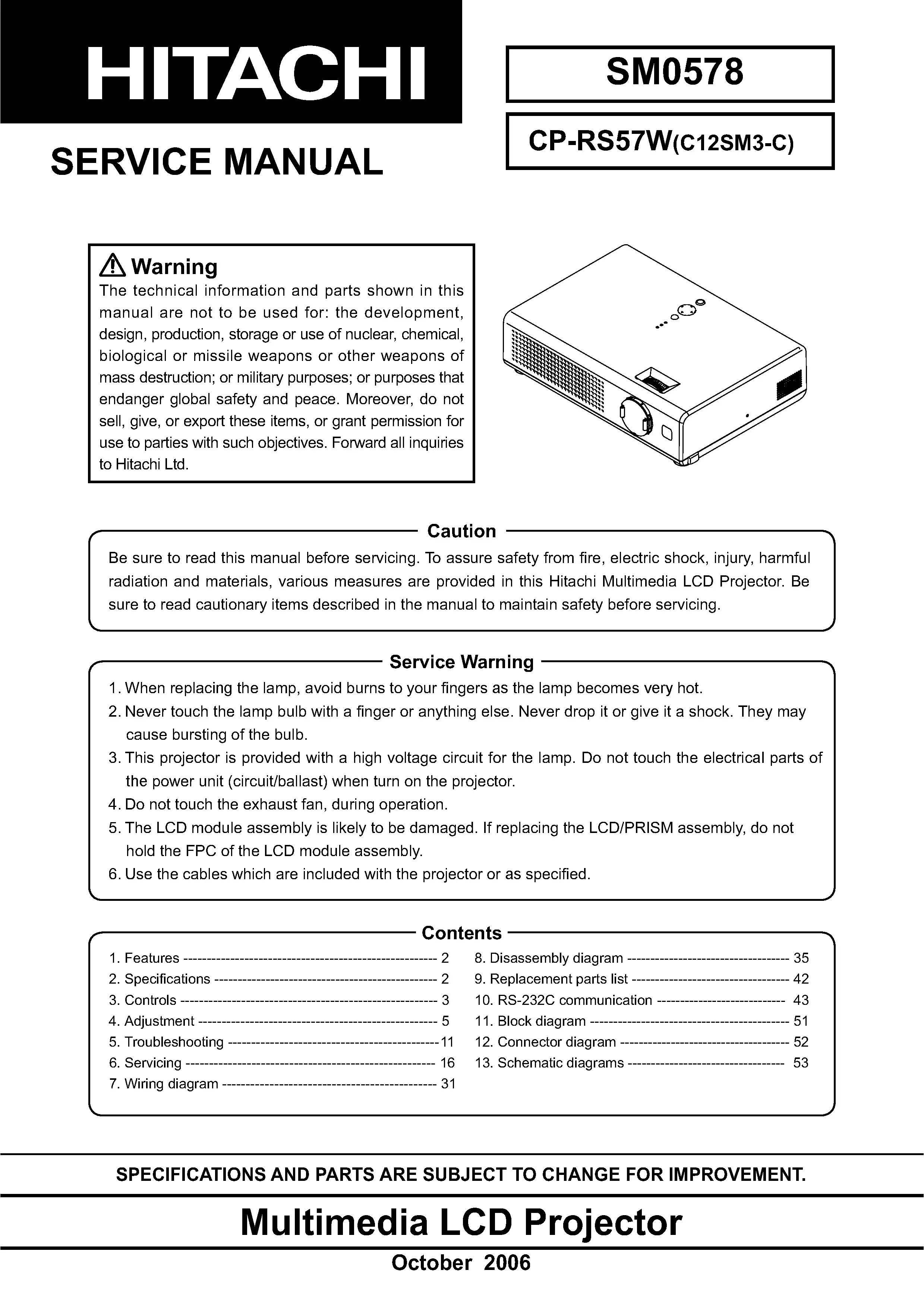 Hitachi cp rs57 rs57w service manual cover