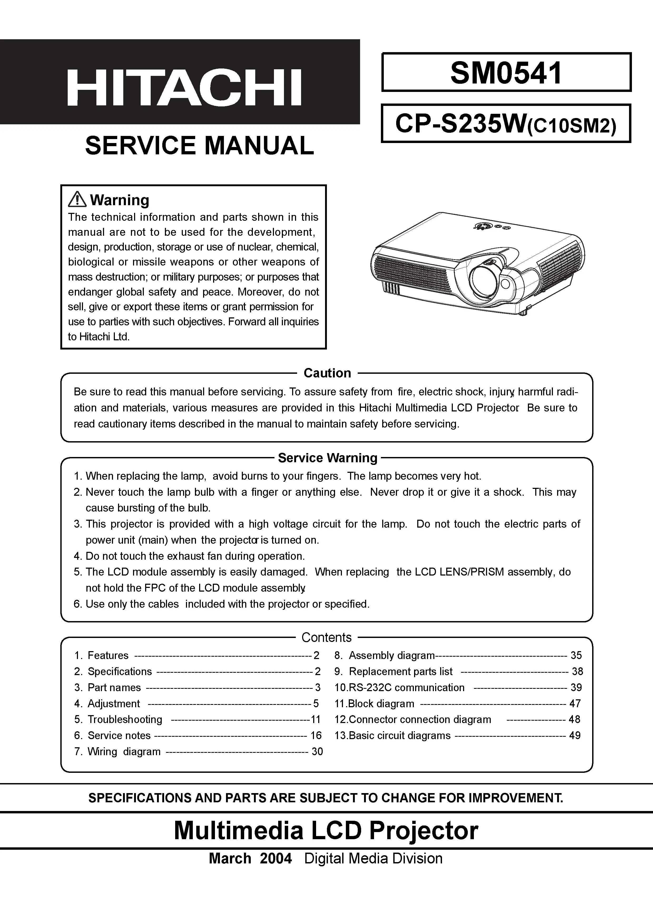 Hitachi cp s235 cp s235w service manual cover