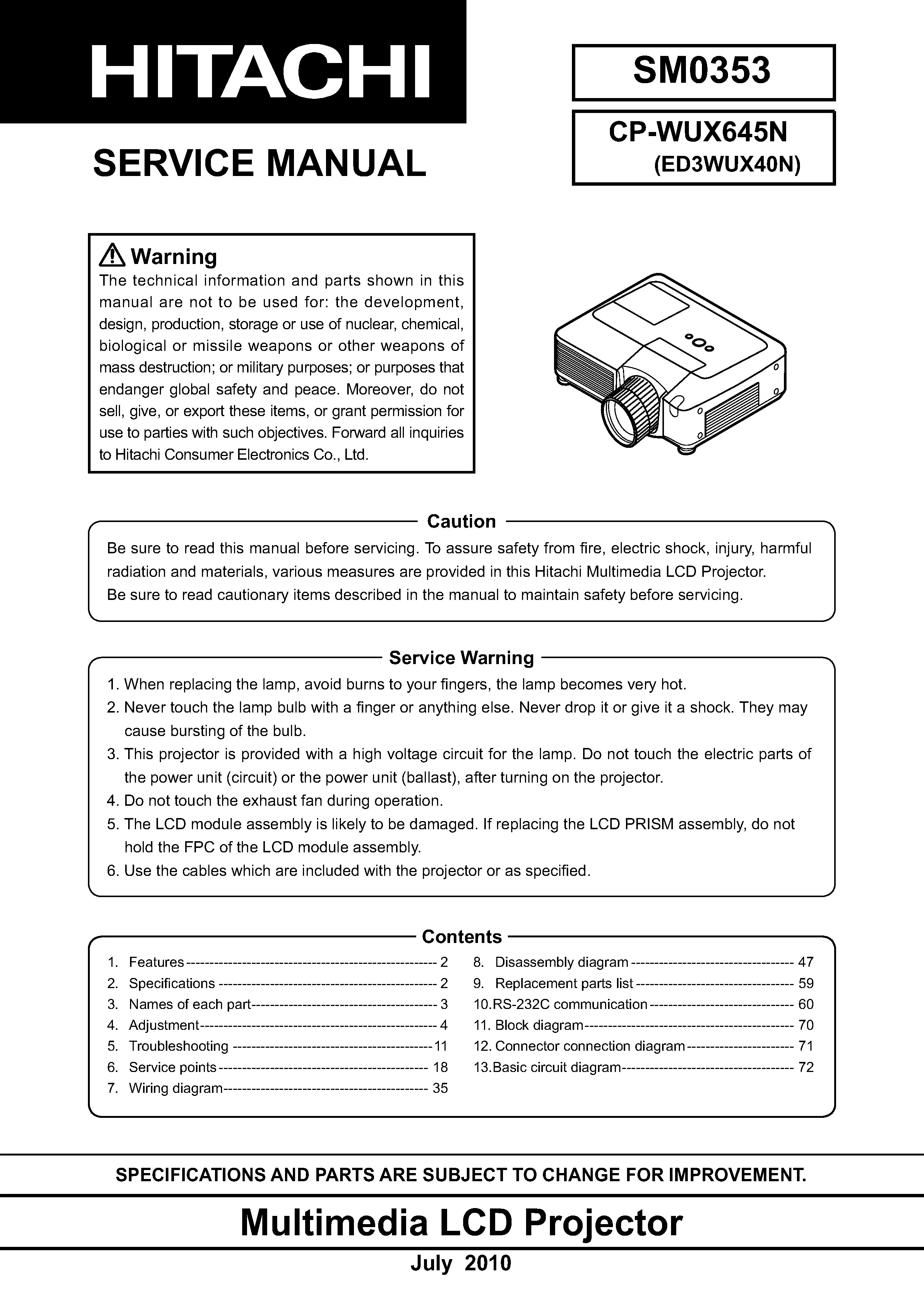 Hitachi cp wux645n service manual cover