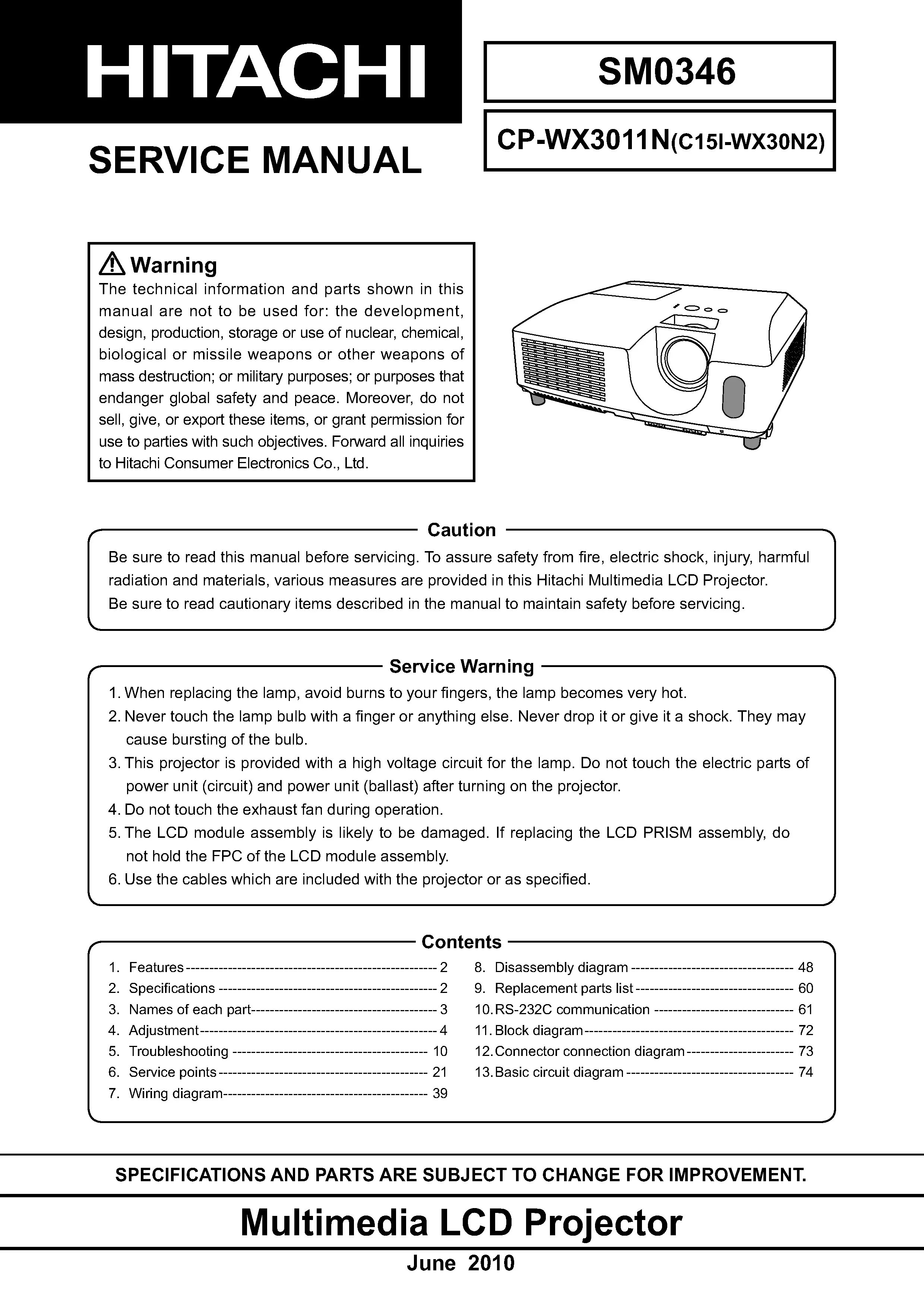 Hitachi cp wx3011n service manual cover