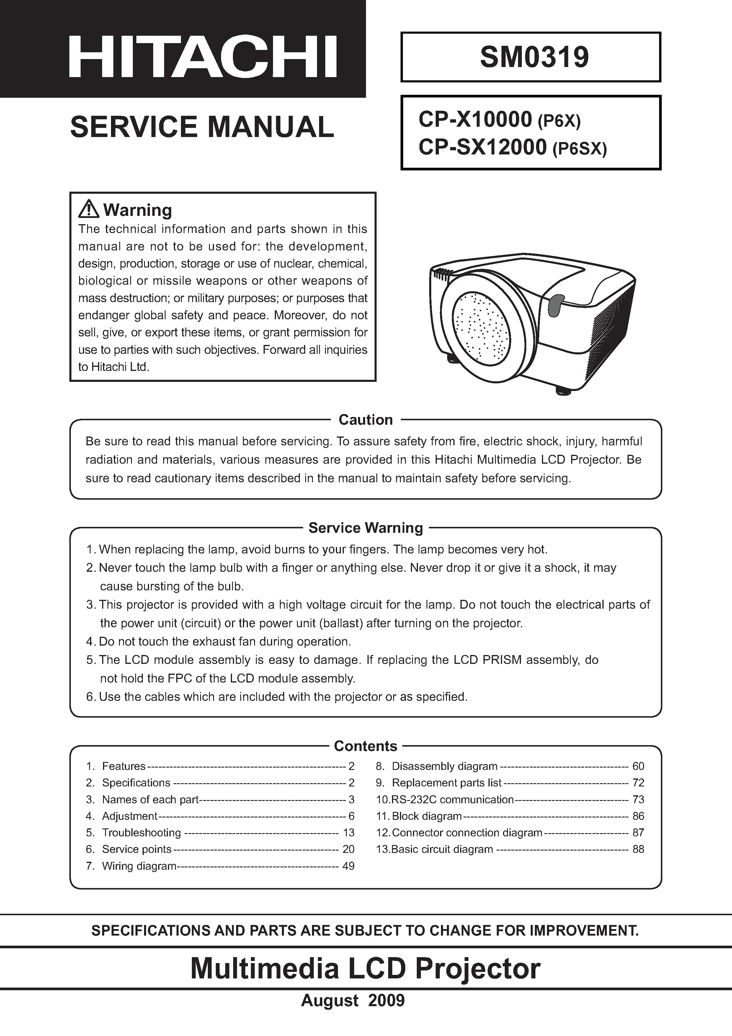 Hitachi cp x10000 sx12000 service manual cover