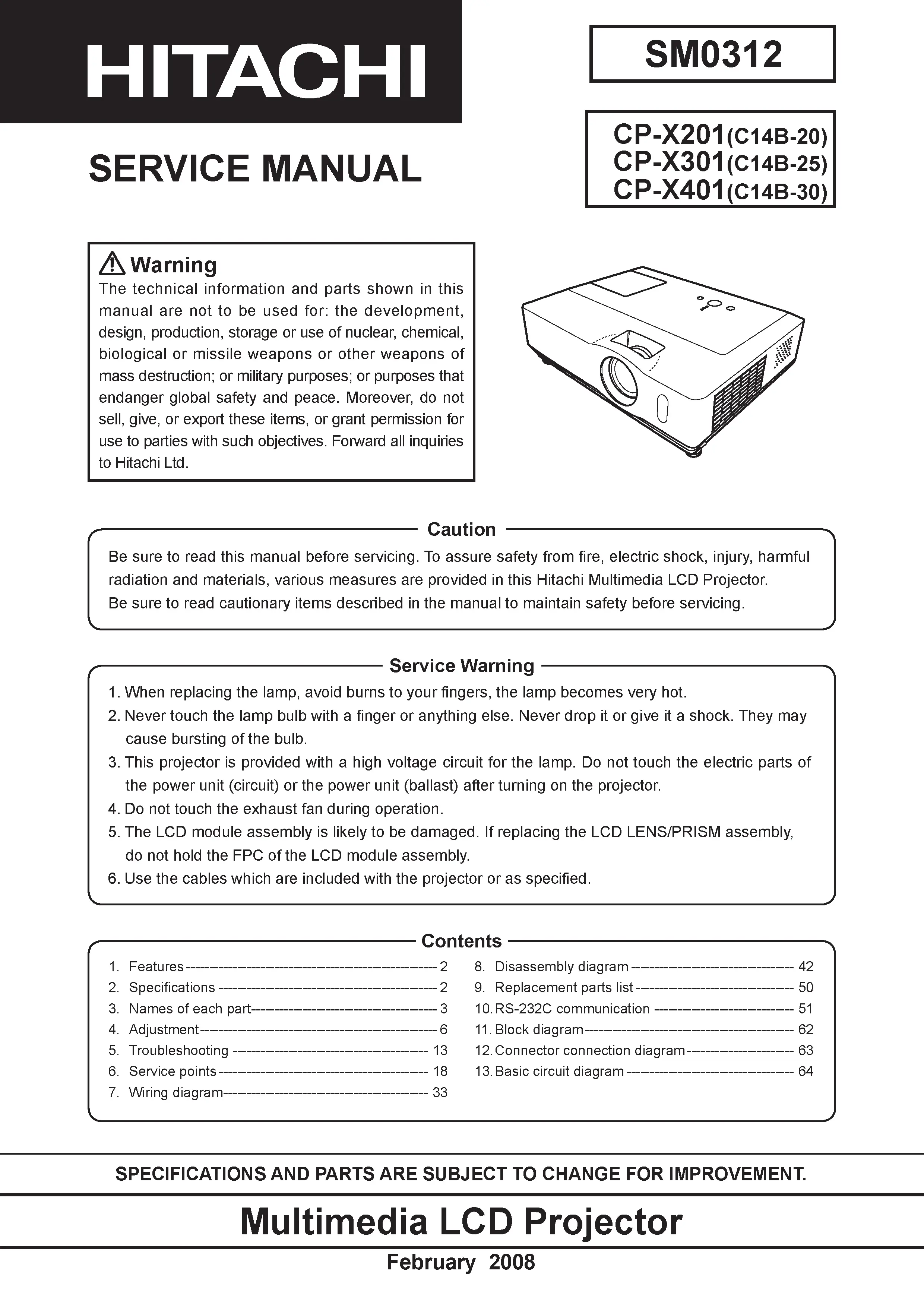 Hitachi cp x201 x301 x401 service manual cover