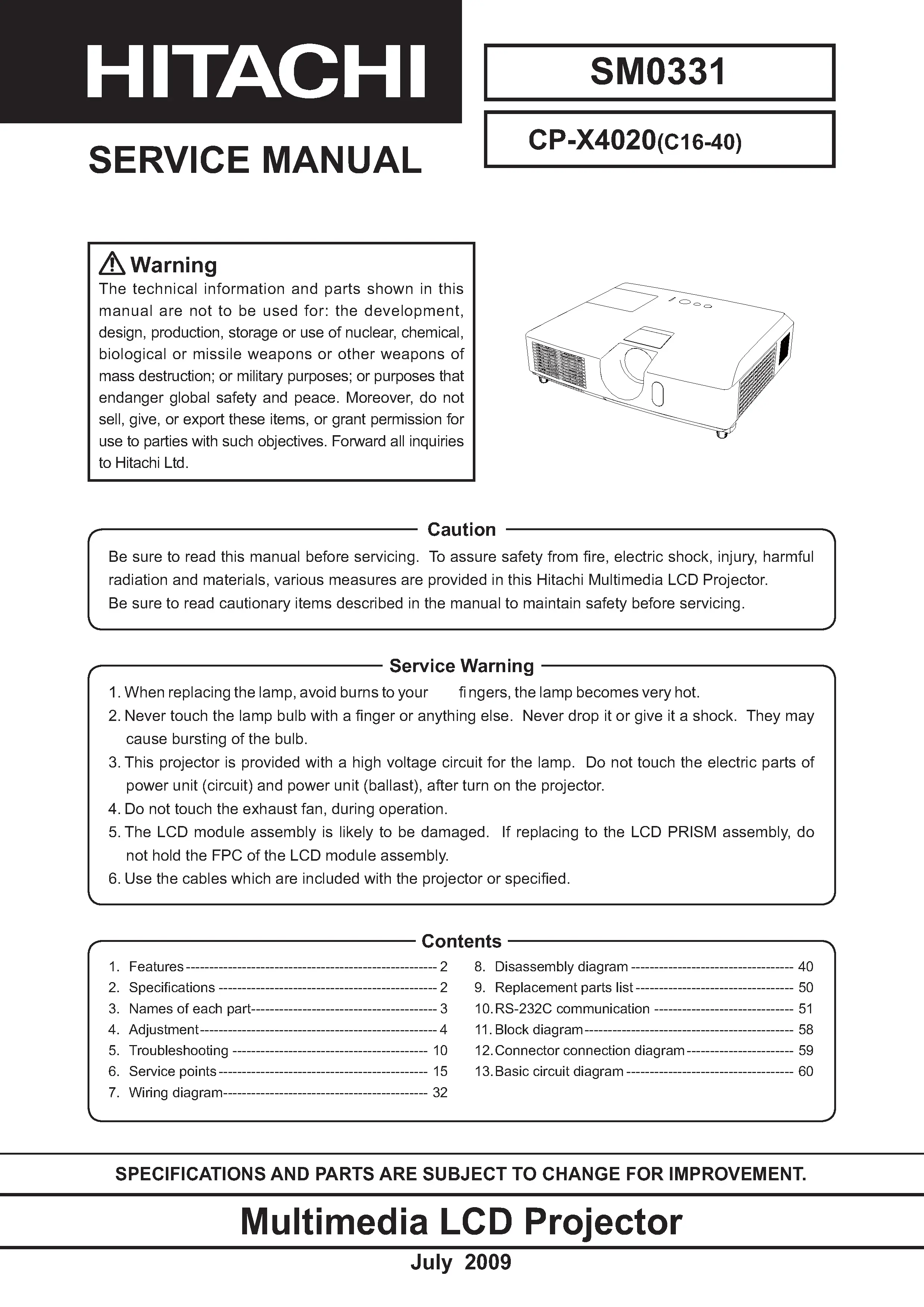 Hitachi cp x4020 service manual cover