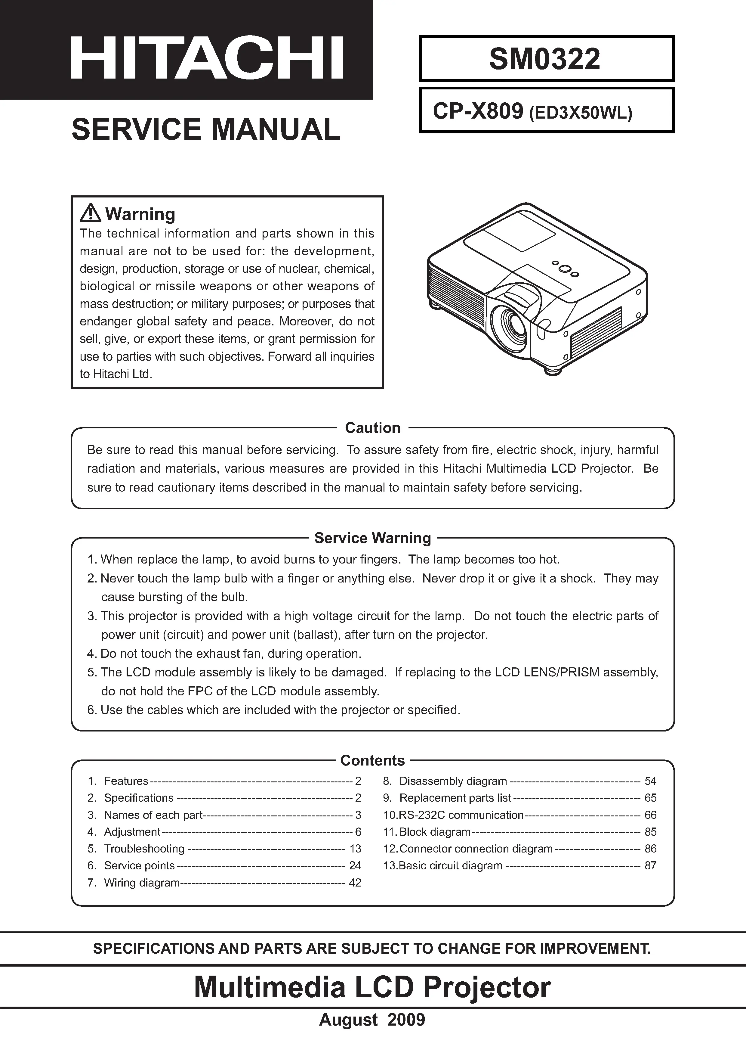 Hitachi cp x809 x809w service manual cover
