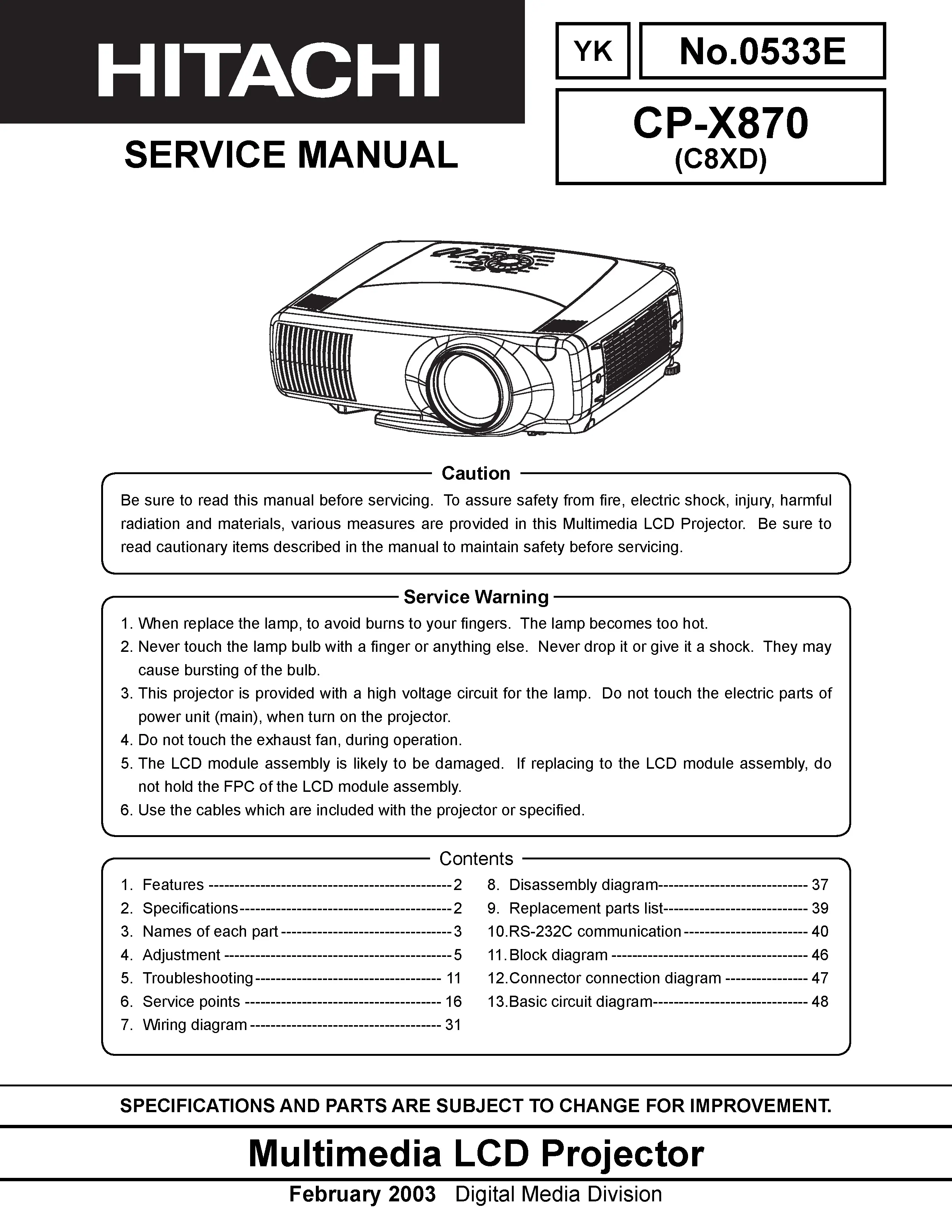 Hitachi cp x870 service manual cover