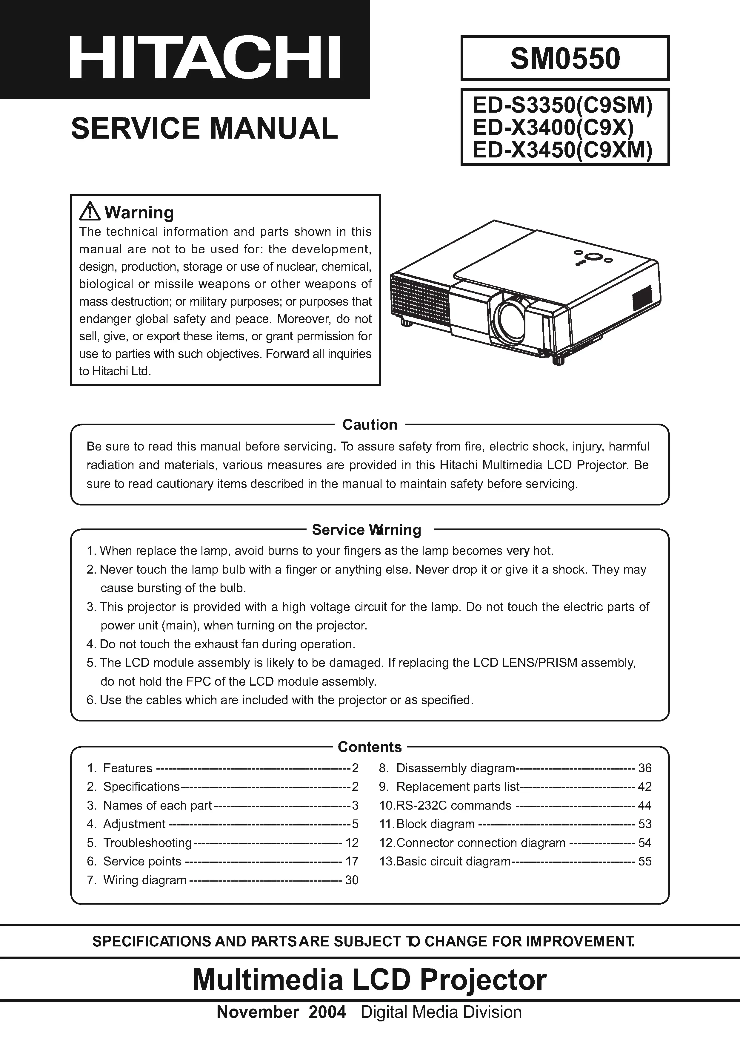 Hitachi ed s3350 x3400 x3450 service manual cover