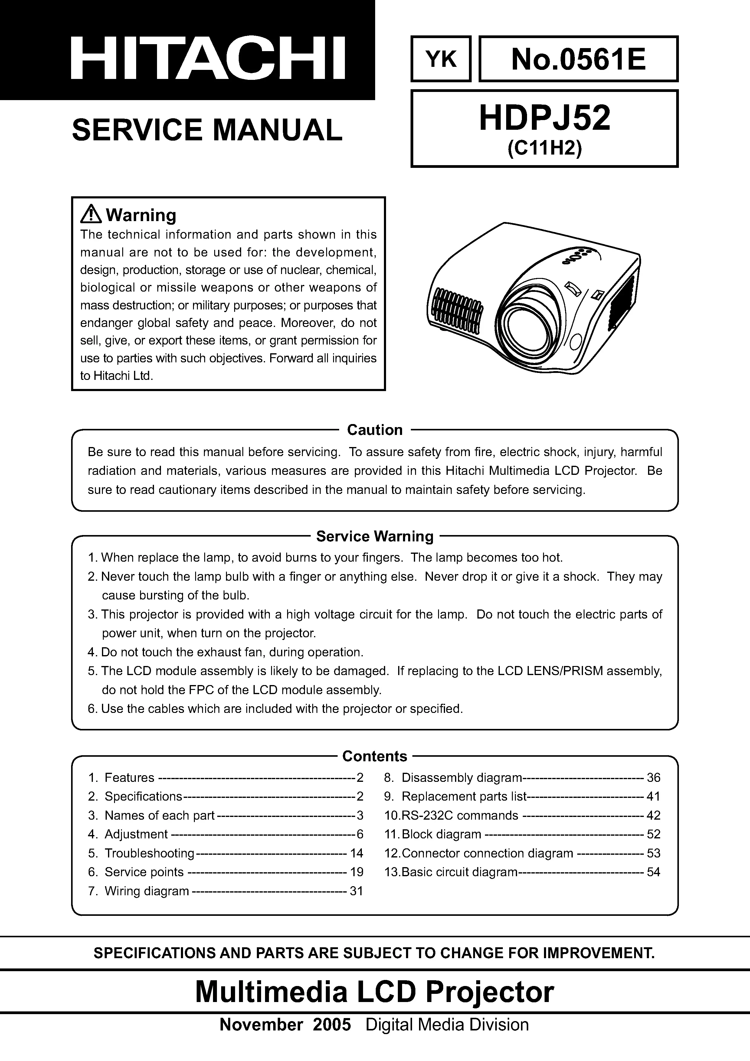 Hitachi hdpj52 service manual cover