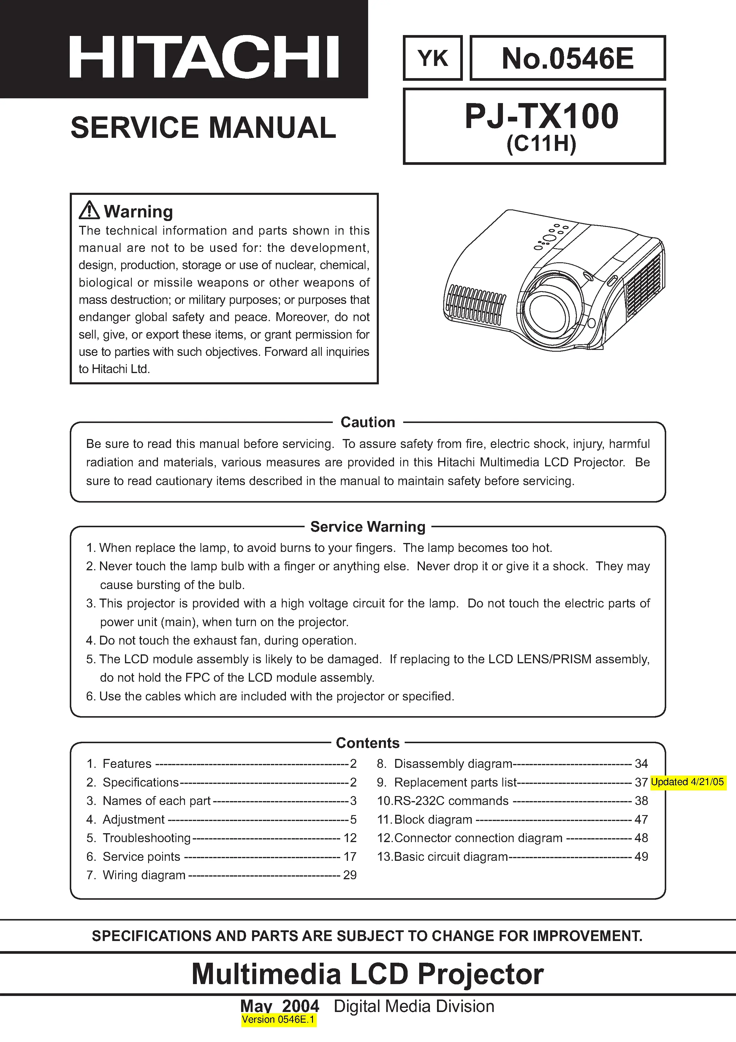 Hitachi pj tx100 service manual cover