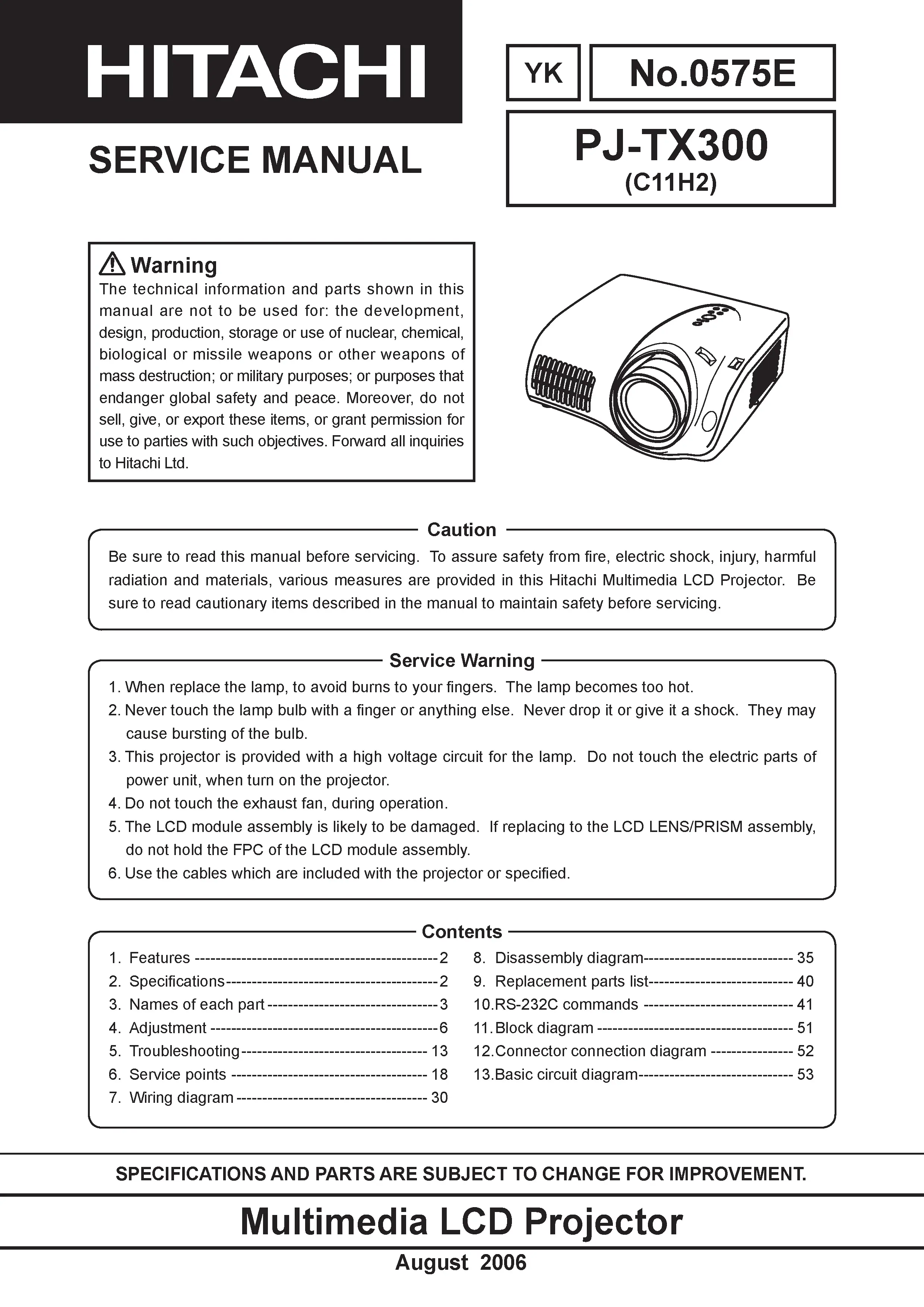 Hitachi pj tx300 service manual cover