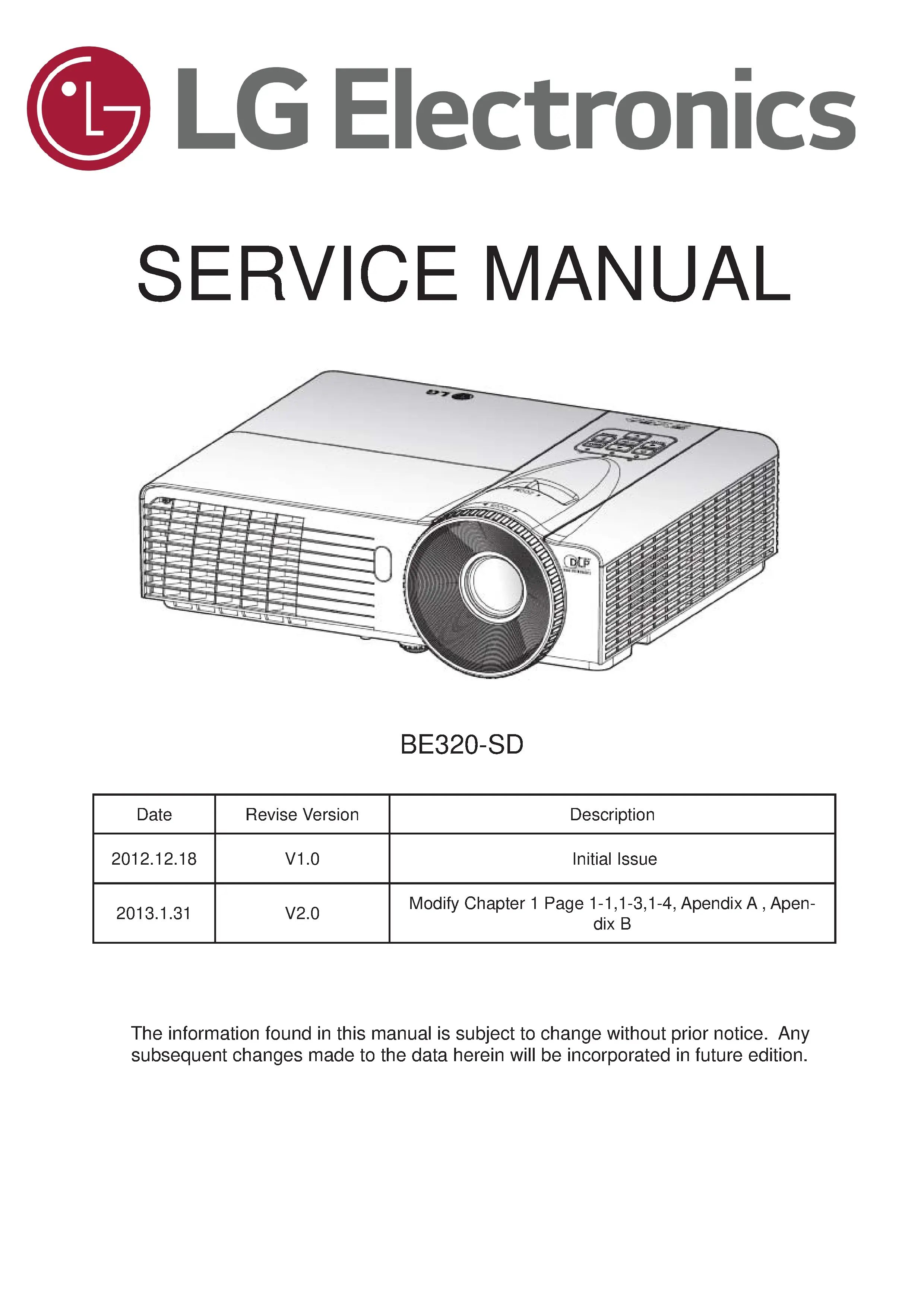 Lg be320 service manual cover