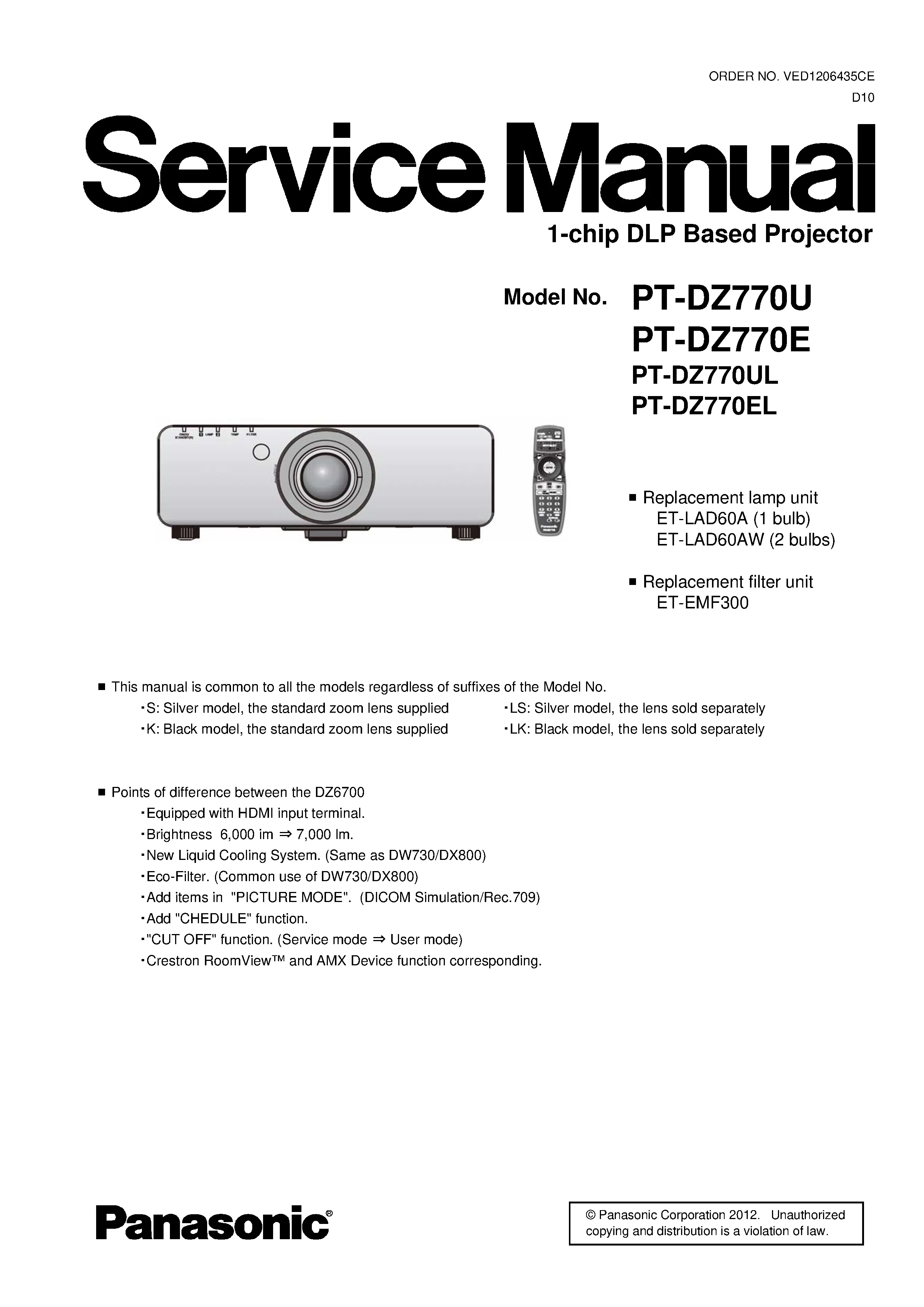 Panasonic pt dz770 service manual cover