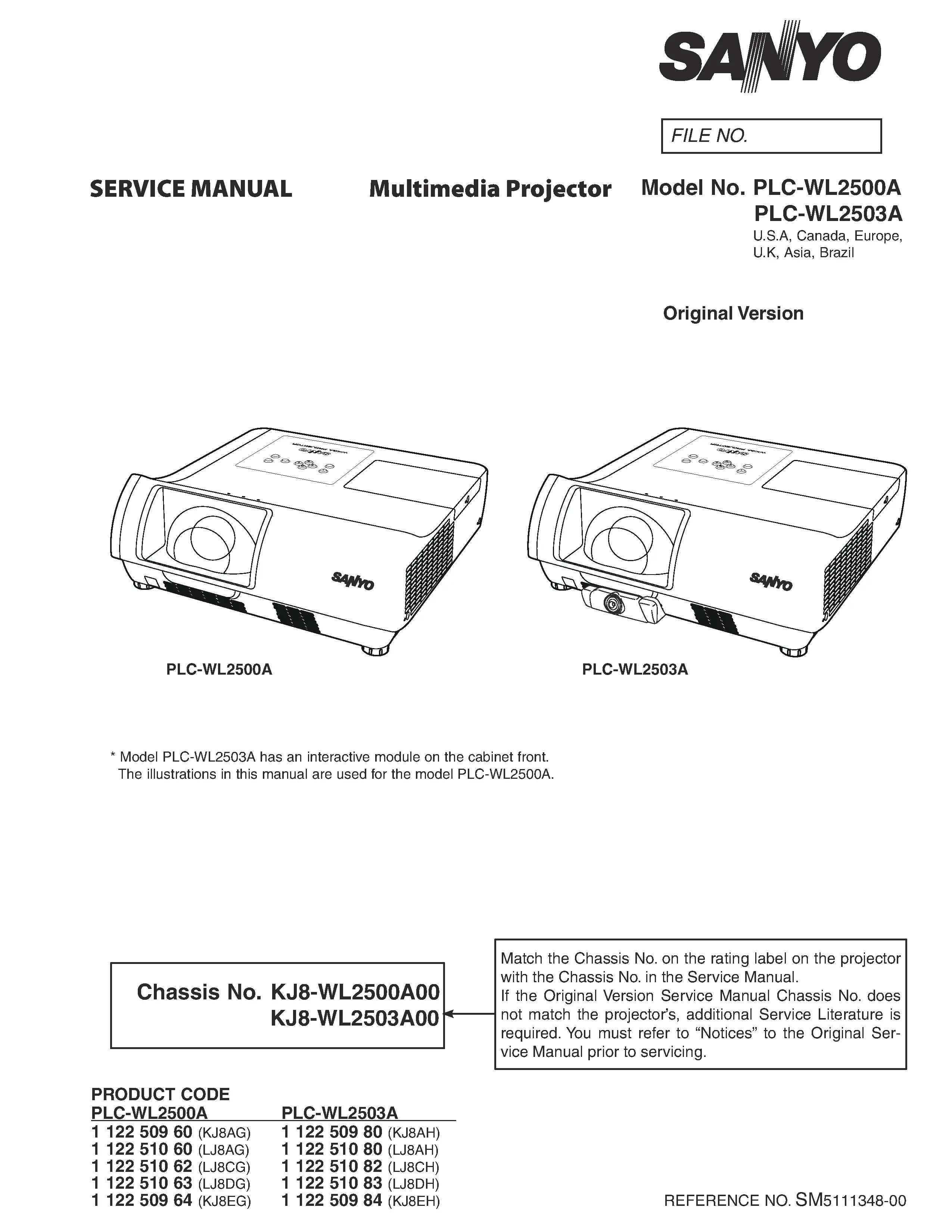 Sanyo plc wl2500a wl2503a service manual cover