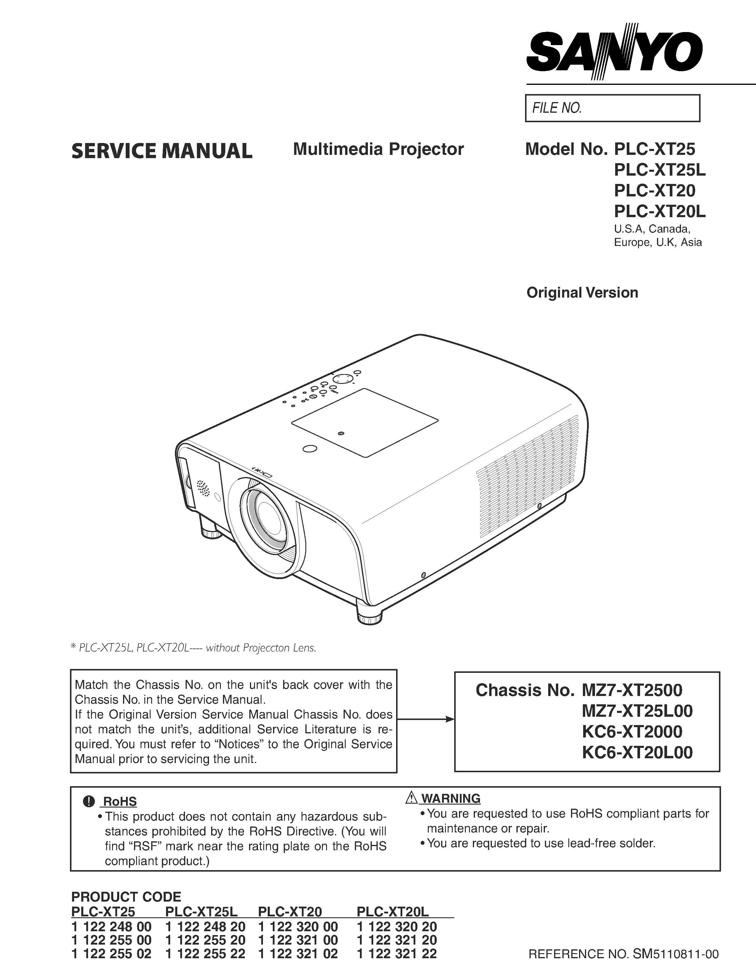 Sanyo plc xt20 xt20l xt25 xt25l service manual cover
