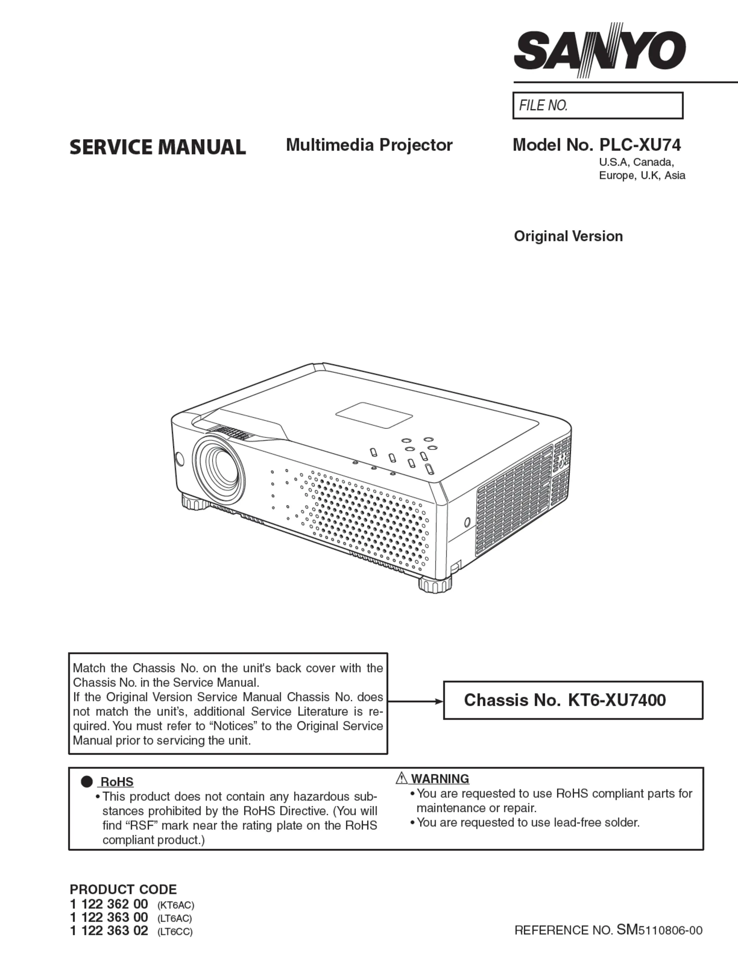 Sanyo plc xu74 service manual cover