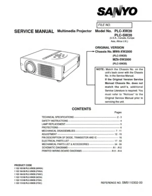 Sanyo plc xw20 sw20 service manual cover
