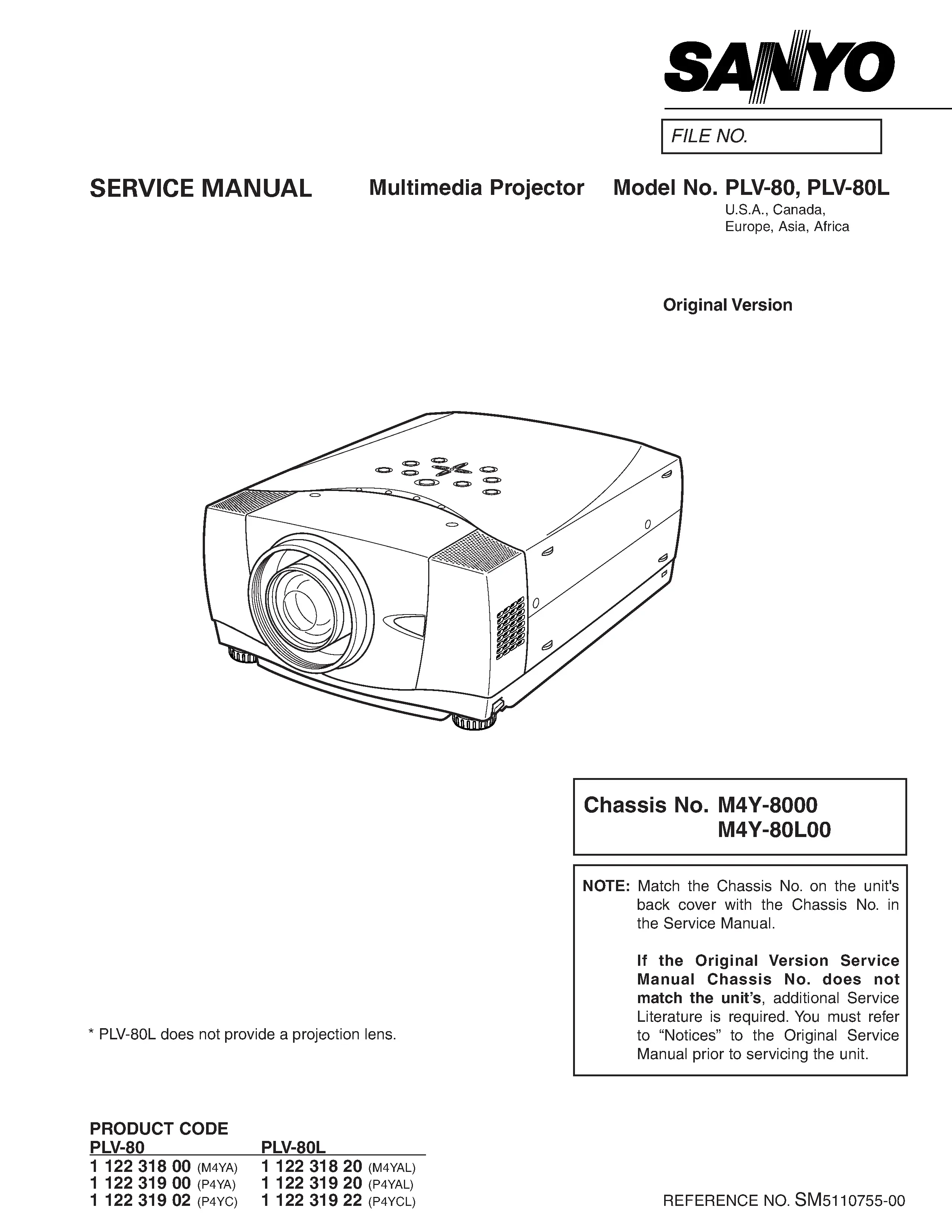Sanyo plv 80 80l service manual cover