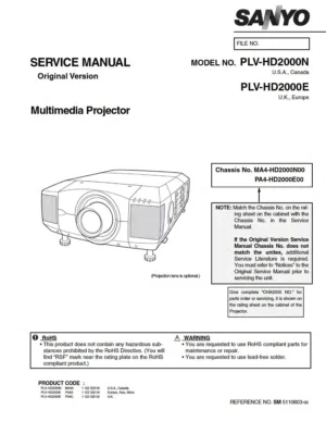 Sanyo plv hd2000 service manual cover