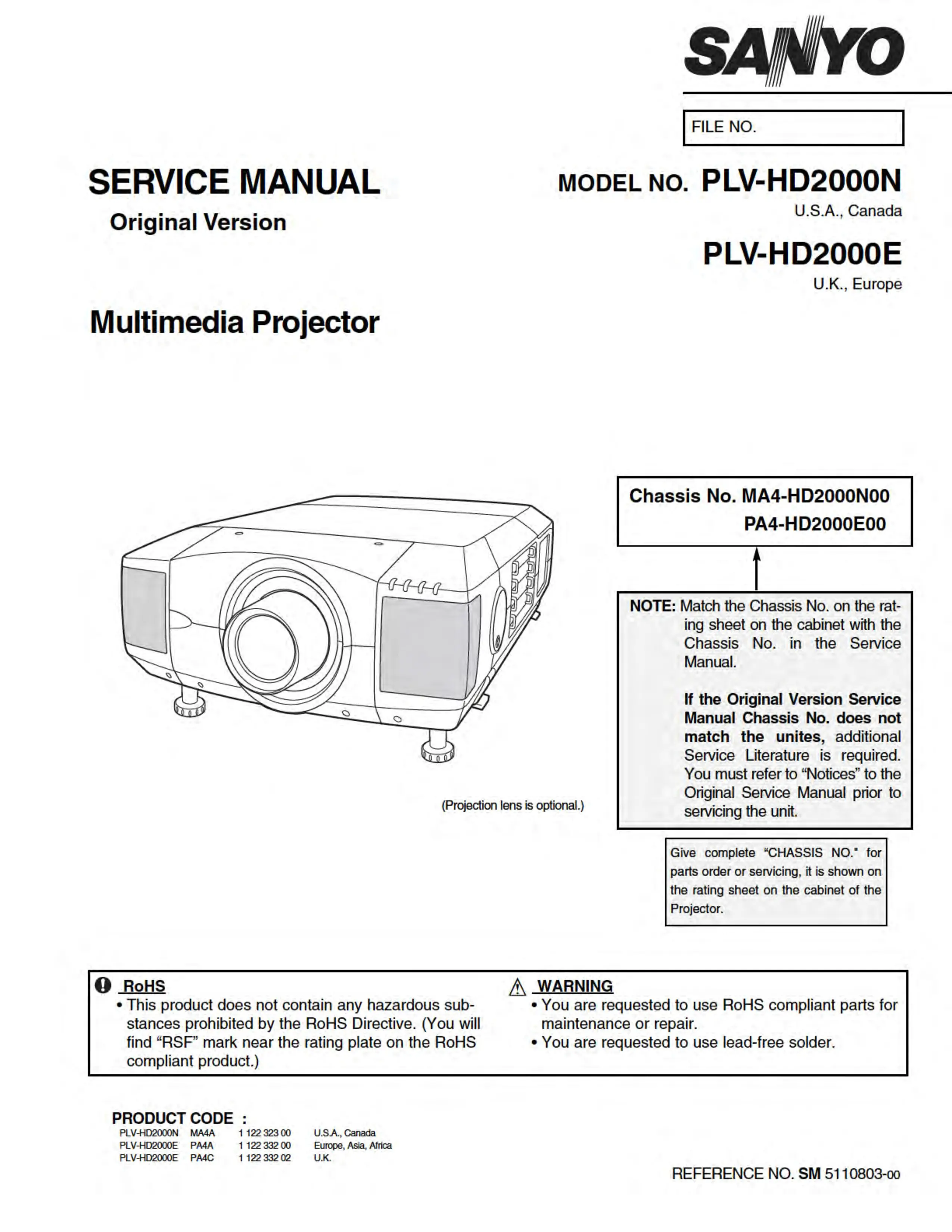 Sanyo plv hd2000 service manual cover