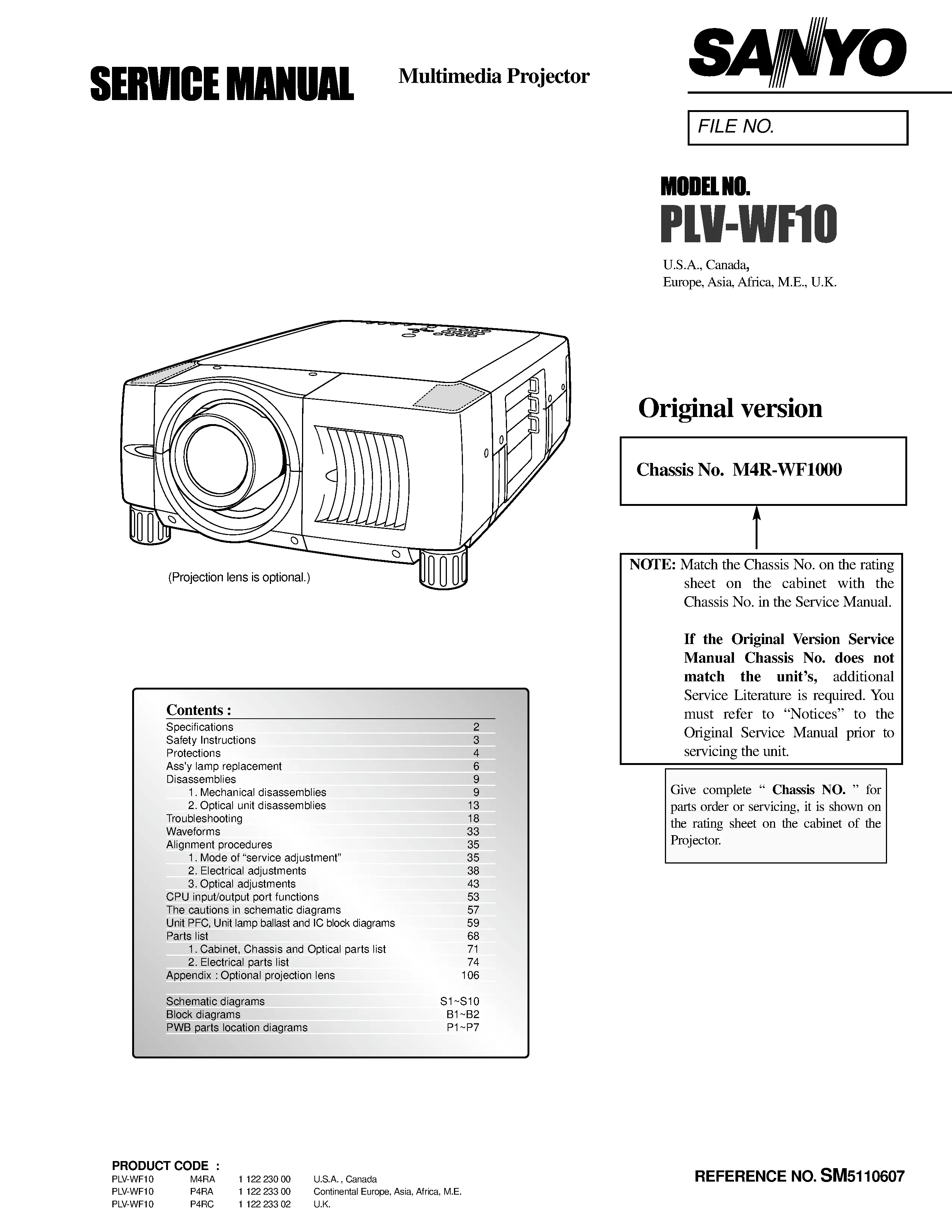 Sanyo plv wf10 service manual cover