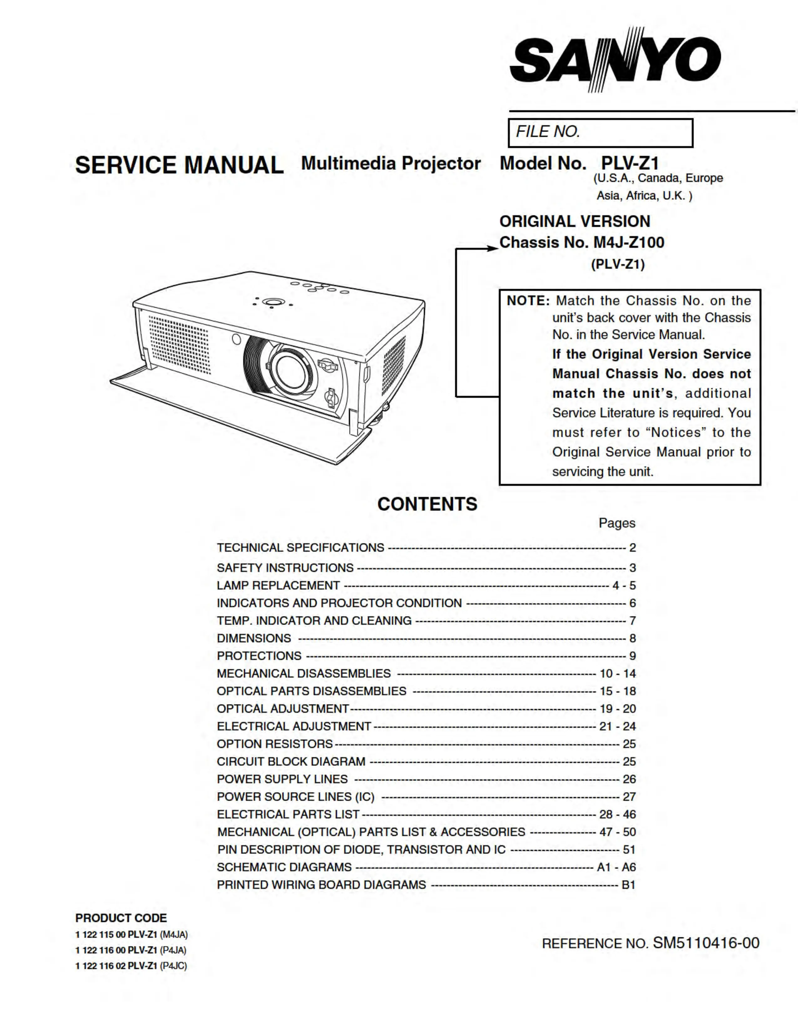 Sanyo plv z1 z1bl service manual cover